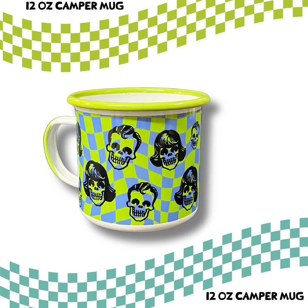 12oz Camper Mug – Teal & Green Checkered Skeletons