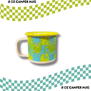 8oz Camper Mug – Yellow & Teal Checkered Cursive